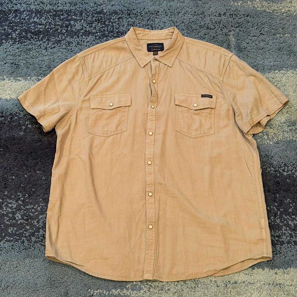 Lucky Brand Washed & Worn Short Sleeve Shirt Green Pearl Snap Men's XL
